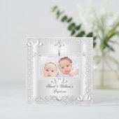 Twin Baby Taufe Girl Boy Christening White Lace Ankündigung (Stehend Vorderseite)