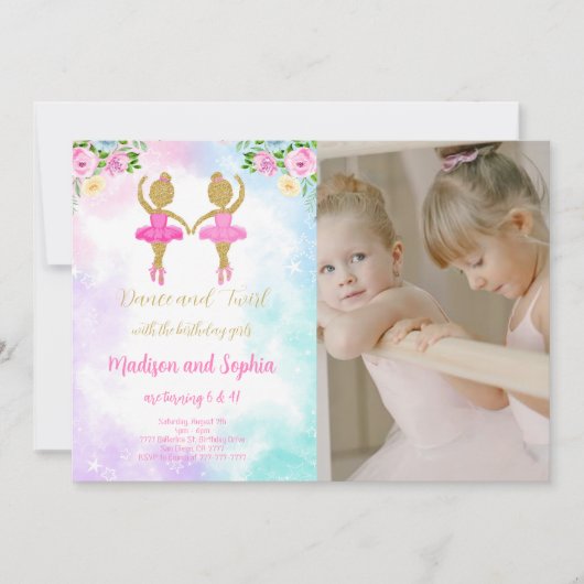 Twin Ballerina Foto Einladung (Vorderseite)