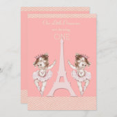 Twin Ballerinas Eiffel Tower Chevrons 1. Geburtsta Einladung (Vorne/Hinten)