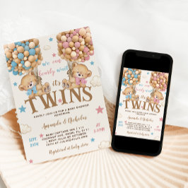 Twin Bears Boy Girl Stars & Balloons Babydusche Einladung