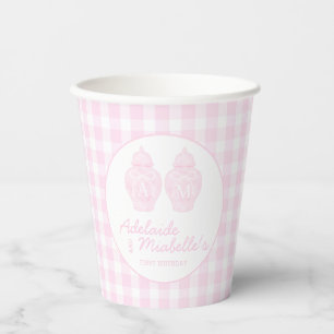 Twin Birthday Ginger Jars Coquette Pink Gingham Pappbecher