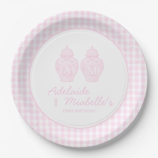 Twin Birthday Ginger Jars Coquette Pink Gingham Pappteller (Vorderseite)