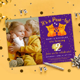Twin Birthday oder Joint Party Kittens Lila Foto Einladung