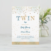 Twin Blue Gold Glitzer Simple Baby Boy Dusche Einladung (Stehend Vorderseite)