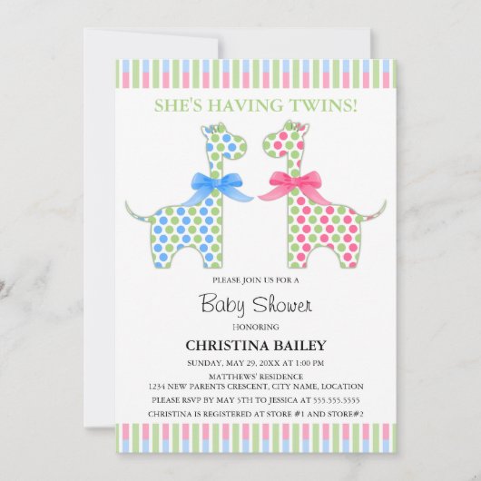 Twin Boy and Girl Giraffe Babydusche Einladung (Vorderseite)