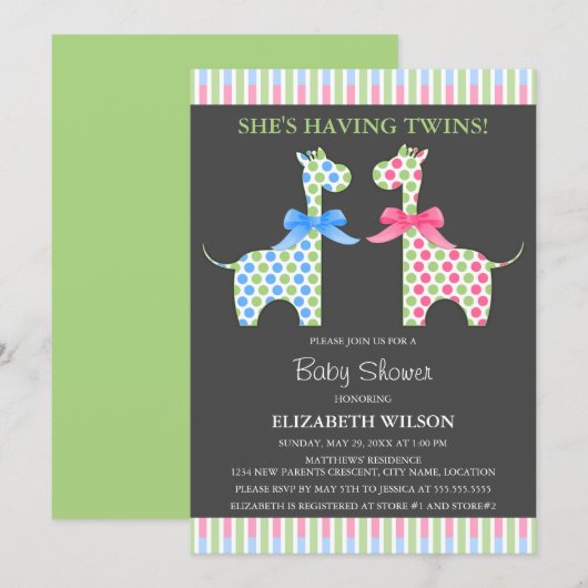 Twin Boy and Girl Giraffe Babydusche Einladung (Vorne/Hinten)