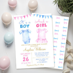 Twin Boy and Girl Pink Blue Baby Dusche Einladung