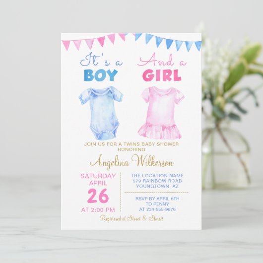 Twin Boy and Girl Pink Blue Baby Dusche Einladung (Stehend Vorderseite)