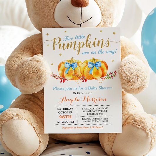 Twin Boy Baby Dusche zwei kleine Pumpkins blau Einladung