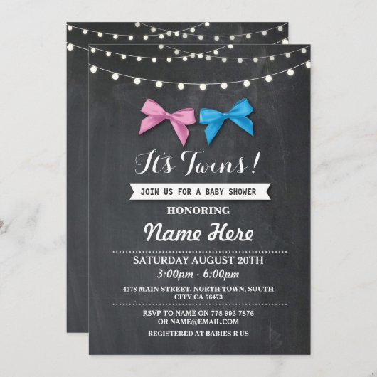 Twin Boy Girl Baby Shower Gender Reveal Bow Einlad Einladung (Vorne/Hinten)