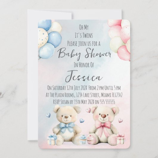 Twin Boy & Girl Bear Baby Shower Invitation Einladung (Vorderseite)