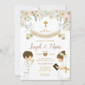 TWIN Boy Girl Gebet Erste heilige Kommunion Floral Einladung (Vorderseite)