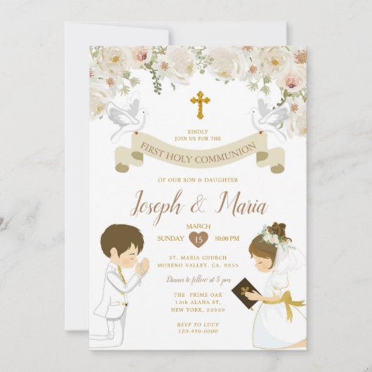 TWIN Boy Girl Gebet Erste heilige Kommunion Floral Einladung (Vorderseite)