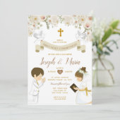 TWIN Boy Girl Gebet Erste heilige Kommunion Floral Einladung (Stehend Vorderseite)