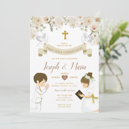 TWIN Boy Girl Gebet Erste heilige Kommunion Floral Einladung (Stehend Vorderseite)