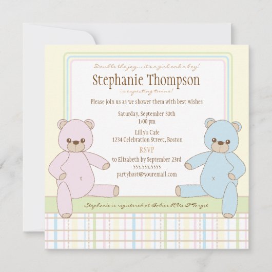Twin Boy Girl Teddy Bears Babydusche Einladung (Vorderseite)