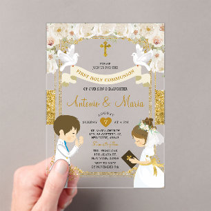 Twin Boy & Girl White Blume 1. Acryleinladungen