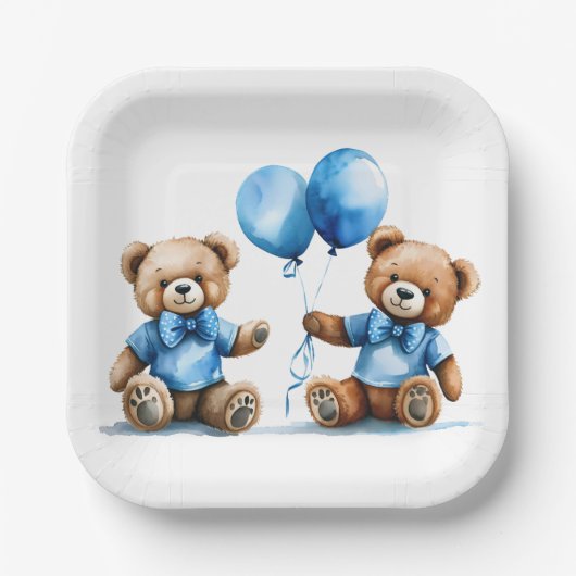 Twin Boy Teddy Bären mit blauen Balloons Pappteller (Vorderseite)