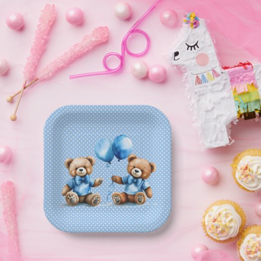 Twin Boy Teddy Bears auf Polka Dots Pappteller (Party)