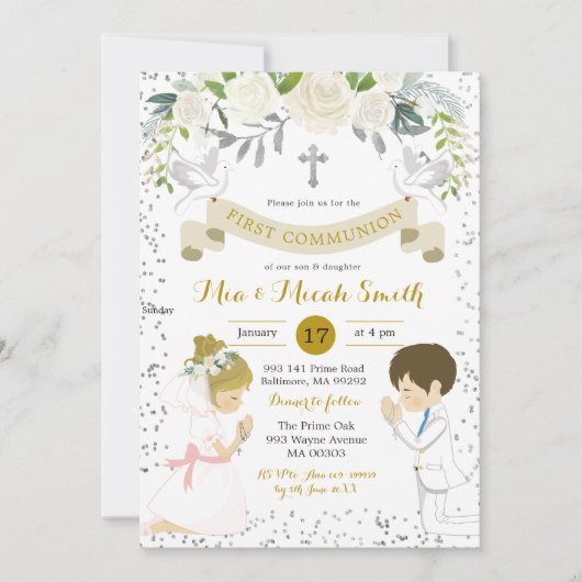 Twin Boy und Blonde Girl Kneeling Erste Kommune Einladung (Vorderseite)