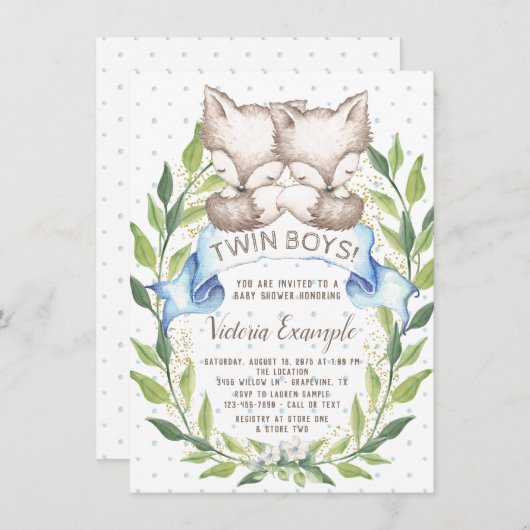 Twin Boy Woodland Fox Baby Shower Einladungen (Vorne/Hinten)