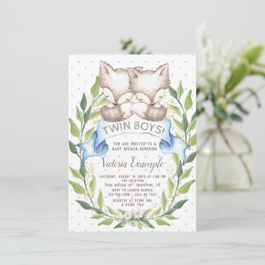 Twin Boy Woodland Fox Baby Shower Einladungen (Stehend Vorderseite)