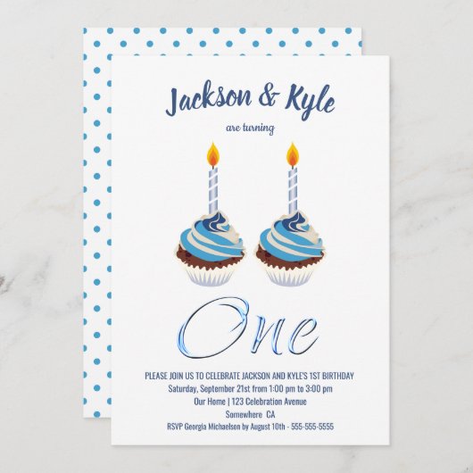 Twin Boys 1. Geburtstag Blue Cupcake Party Einladung (Vorne/Hinten)