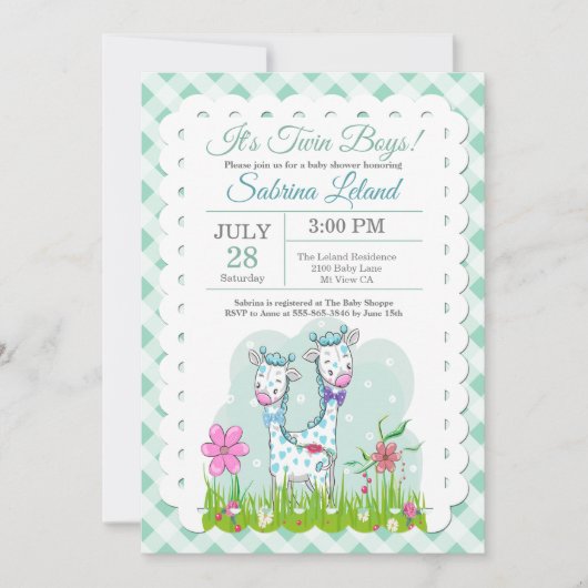 Twin Boys Adorable Giraffen Baby Dusche Einladung (Vorderseite)