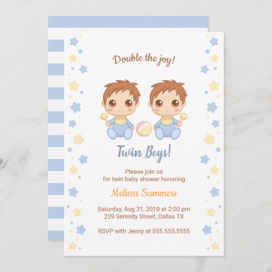 Twin Boys Baby Dusche Einladung (Vorne/Hinten)