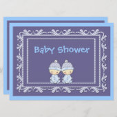 Twin Boys Baby Dusche Invite Blue Einladung (Vorne/Hinten)