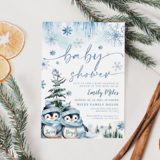 Twin Boys Baby Dusche Winter Pinguin Blue Einladung