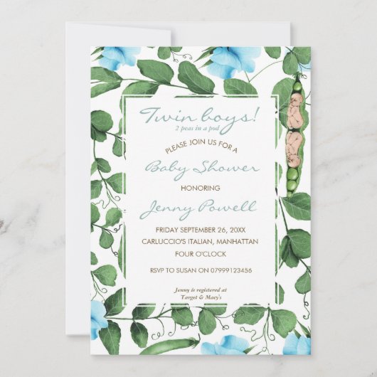 Twin Boys Baby Dusche zwei Erbsen in einer Hülle e Einladung (Vorderseite)