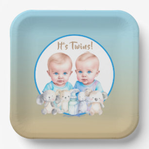 Twin Boy's Baby Shower Watercolor Animals Pappteller
