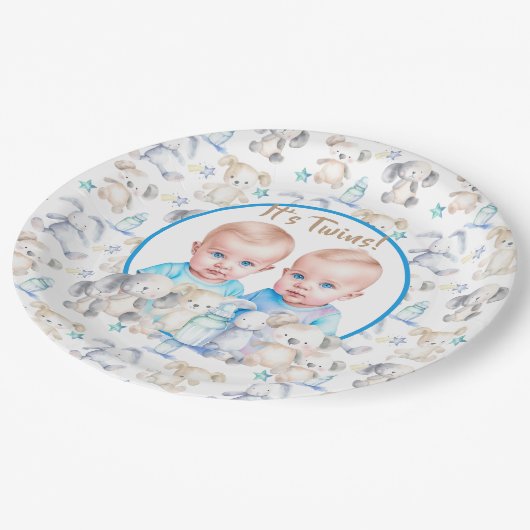 Twin Boy's Baby Shower Watercolor Animals Pappteller (Schrägansicht)