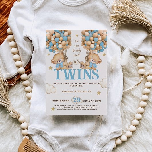 Twin Boys Bear Balloons Bearly Wait Baby Dusche Einladung
