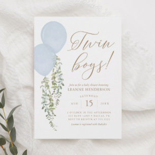 Twin Boys Blue Balloon Eucalyptus Baby Showroom Einladung