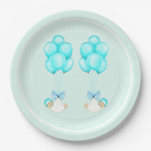 Twin Boys Blue Balloons Babydusche Pappteller