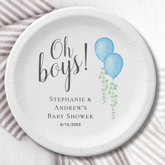 Twin Boys Blue Balloons Babydusche Pappteller
