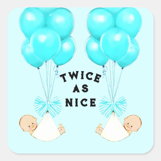 Twin Boys Blue Balloons Babydusche Quadratischer Aufkleber (Vorderseite)