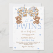 Twin Boys Blue Bear Balloon Babydusche Einladung (Vorderseite)
