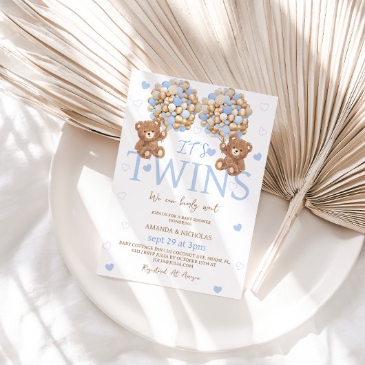 Twin Boys Blue Bear Balloon Babydusche Einladung