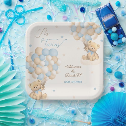 Twin Boys Blue Bear Balloons Baby Showroom Pappteller (Party)