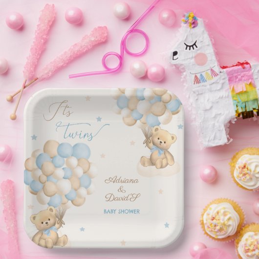 Twin Boys Blue Bear Balloons Baby Showroom Pappteller (Party)