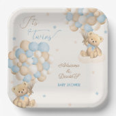 Twin Boys Blue Bear Balloons Baby Showroom Pappteller (Vorderseite)