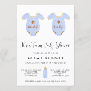 Twin Boys Blue Gold Watercolor Retro Baby Dusche Einladung