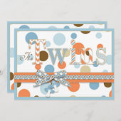 TWIN BOYS Blue Orange Brown Dots Baby Dusche Einladung (Vorne/Hinten)