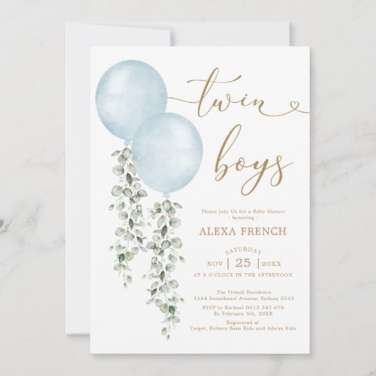 Twin Boys Dusty Blue Balloon Greenerenery Baby Sho Einladung (Vorderseite)