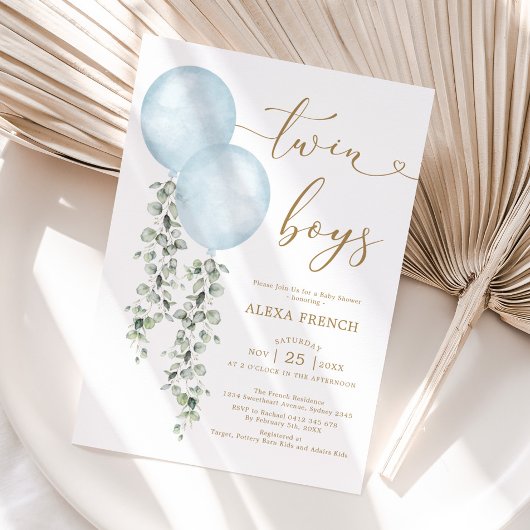 Twin Boys Dusty Blue Balloon Greenerenery Baby Sho Einladung