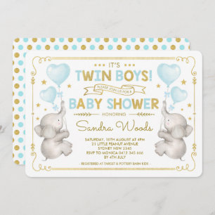 Twin Boys Elephant Baby Dusche Blue Gold Dschungel Einladung