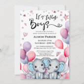 Twin Boys Elephant Blue Balloons Niedlich Baby Dus Einladung (Vorderseite)